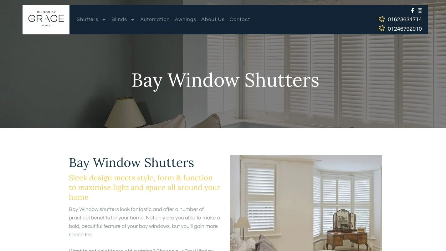Blinds By Grace Bay Window Shutters page with navigation, shutter-room hero image and service introduction
