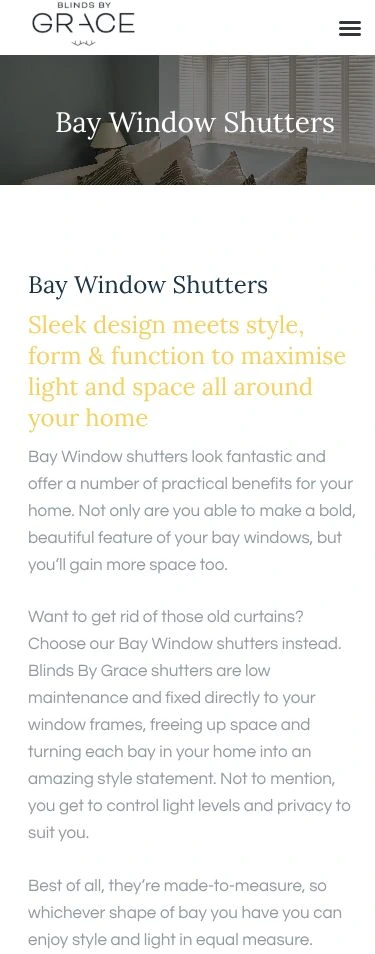 Mobile Blinds By Grace Bay Window Shutters page with logo, menu, shutter image and service copy
