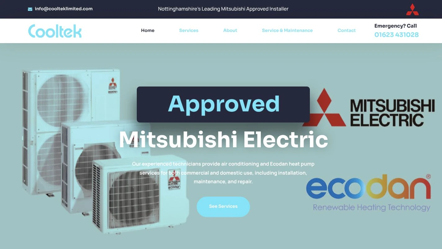 Cooltek Limited desktop homepage with navigation, Mitsubishi Electric headline and heating equipment imagery