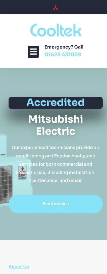 Cooltek Limited mobile homepage with logo, emergency contact, Mitsubishi Electric headline and See Services button