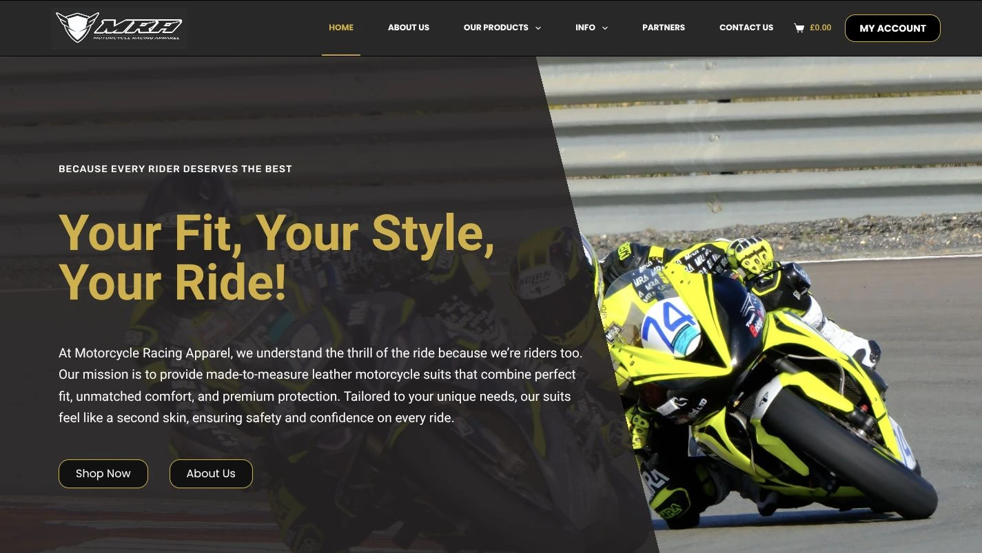 MRA Leathers desktop homepage with store navigation, gold headline and motorcycle racing photograph