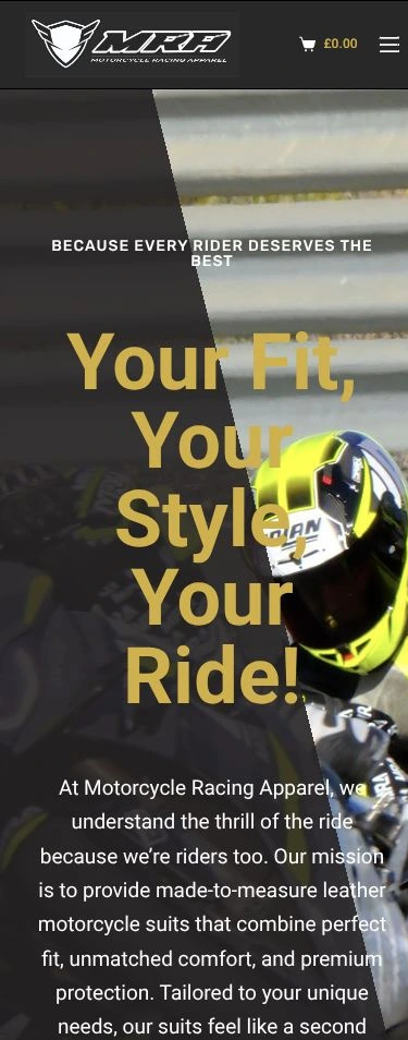 MRA Leathers mobile homepage with logo, shopping basket, gold headline and motorcycle racing photograph
